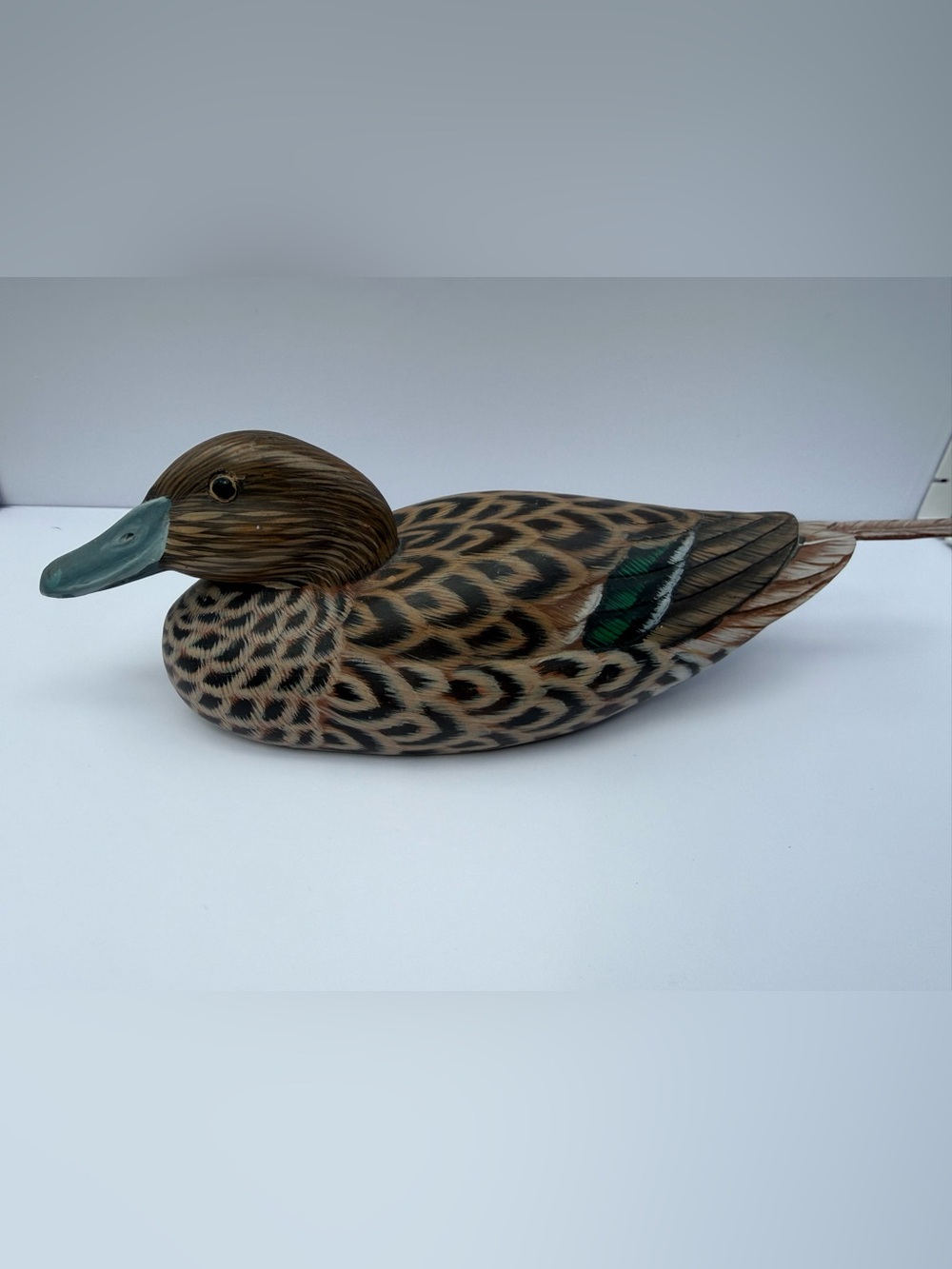 Hand-Painted hand carved Wooden Duck Decoy in Brown and Green, green wing